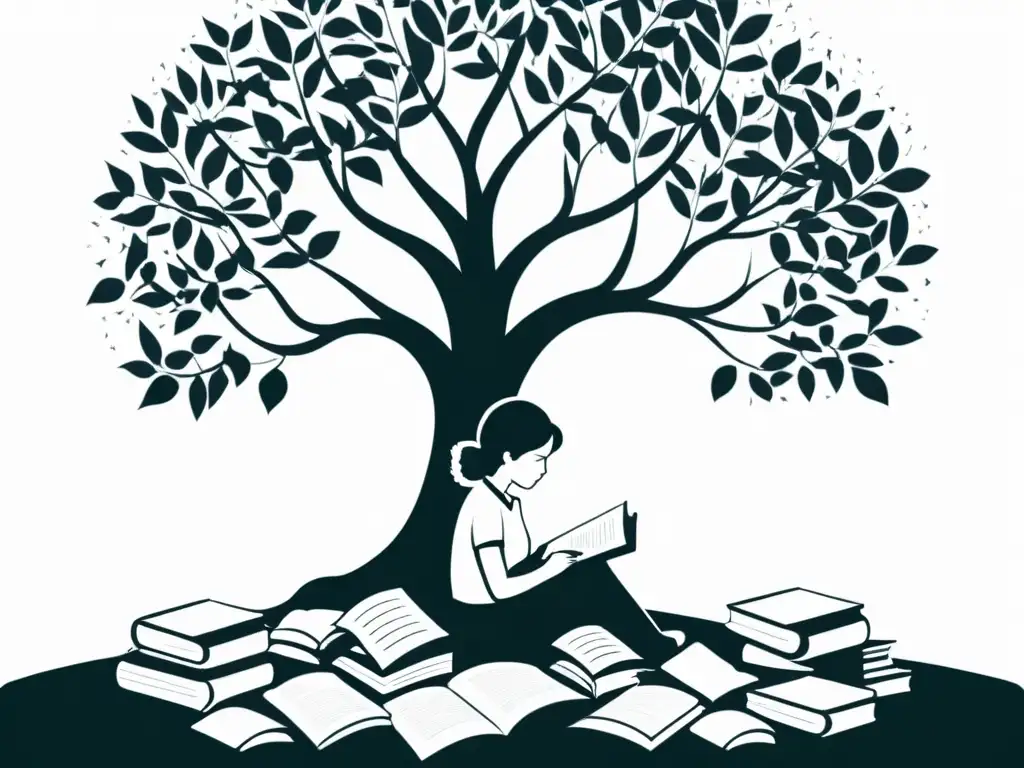 Una joven se sienta bajo un árbol, rodeada de libros, escribiendo poesía en su cuaderno