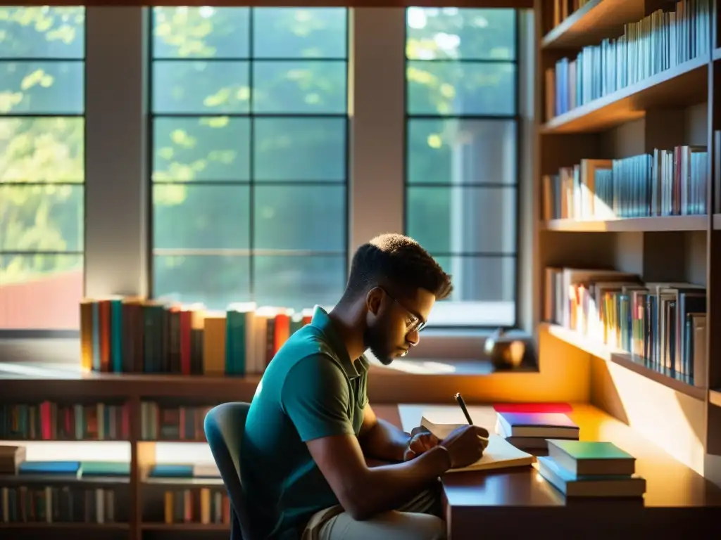 Un joven autor se sienta en un escritorio moderno, rodeado de estantes altos llenos de coloridos y desgastados libros