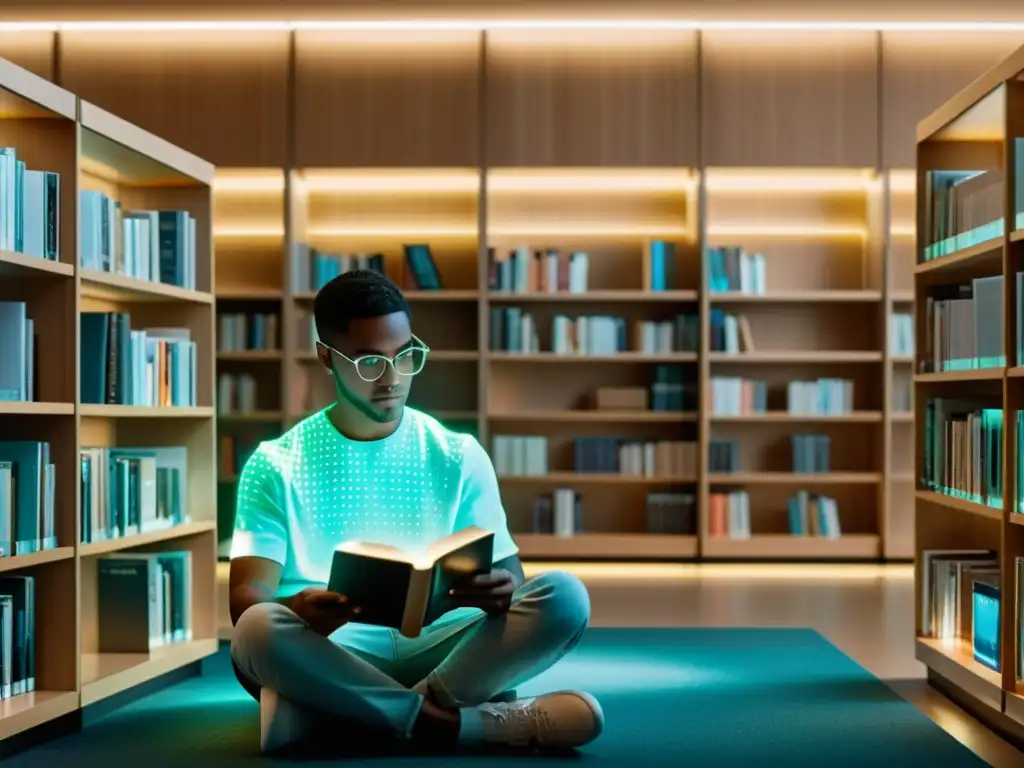 Joven en biblioteca futurista, disfrutando de literatura juvenil actual y tecnológica