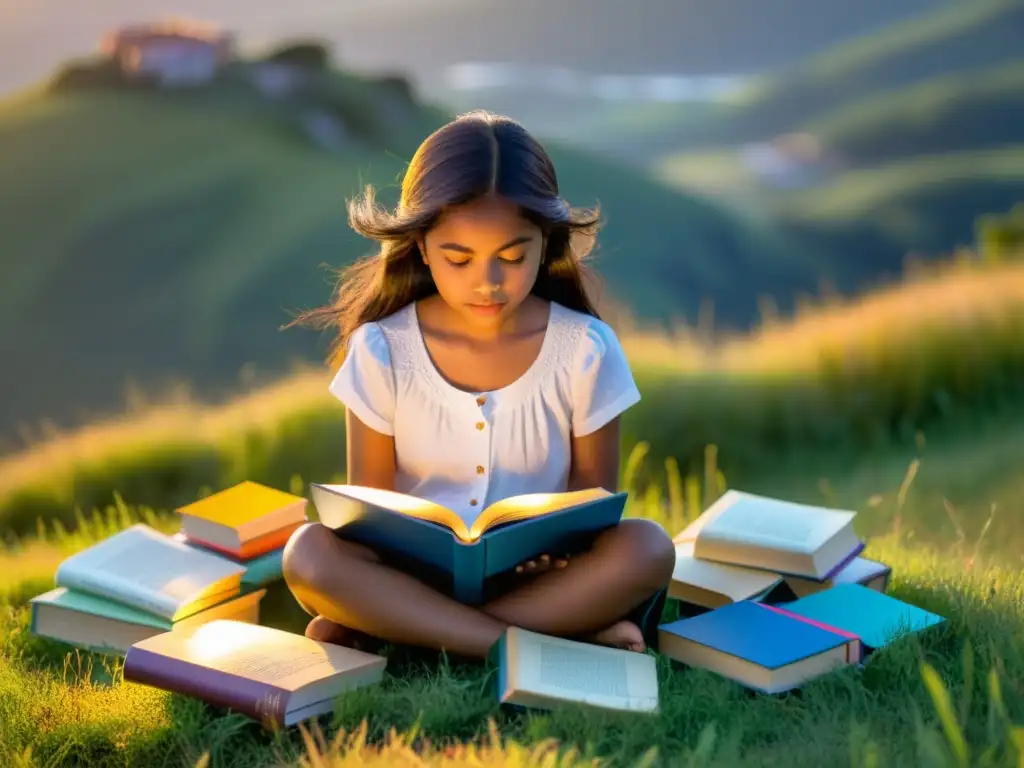 Una joven lee en la colina al atardecer, rodeada de libros abiertos con hermosas portadas