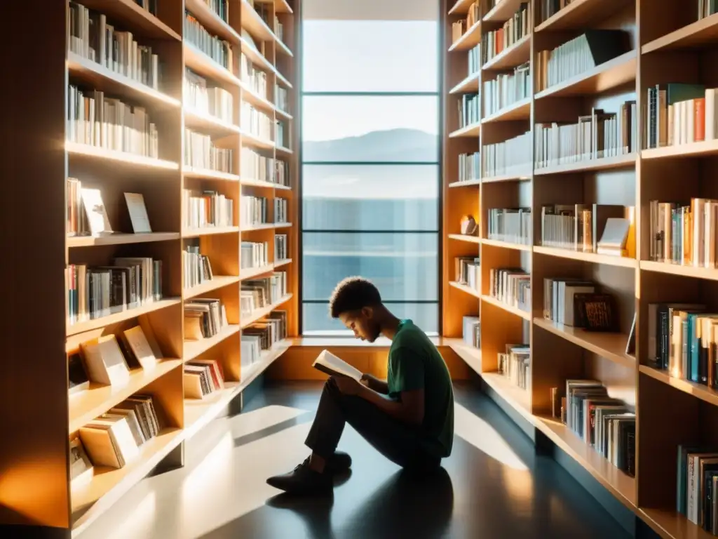 Joven concentrado leyendo en biblioteca moderna con libros diversos