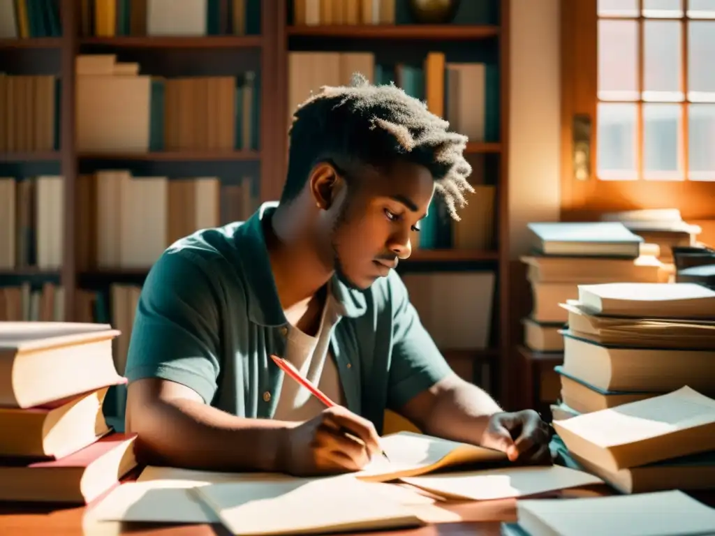 Un joven escritor concentrado en su obra, rodeado de libros y papeles, bañado por una cálida luz natural