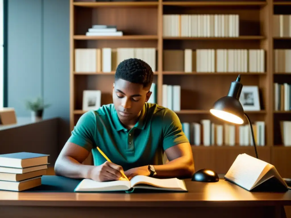 Joven escritor trabajando en su escritorio moderno rodeado de libros y una lámpara minimalista, enfocado en su labor creativa