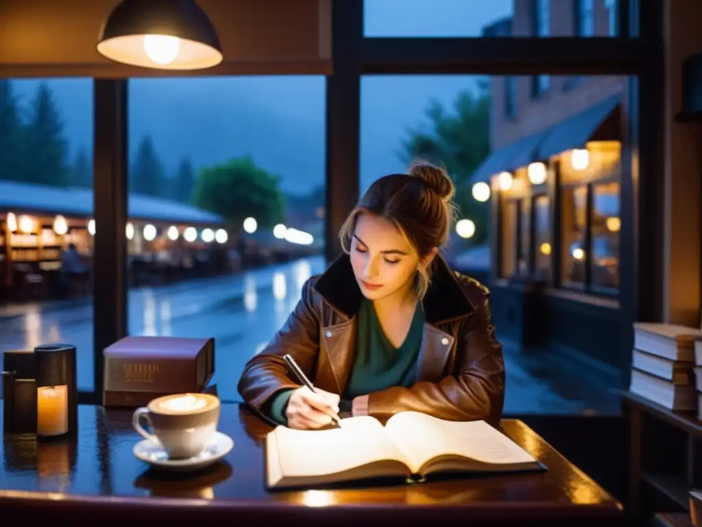 Joven escritor en café íntimo, sipping café y tomando notas en cuaderno de piel