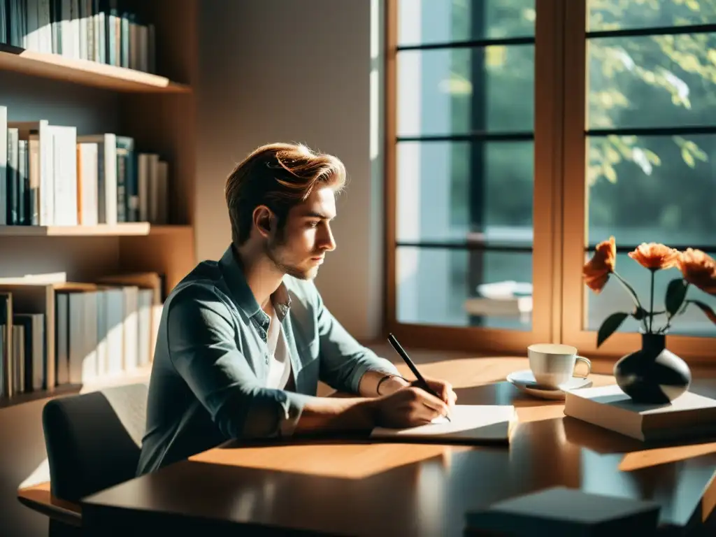 Un joven escritor reflexivo en su escritorio moderno, rodeado de libros y plumas