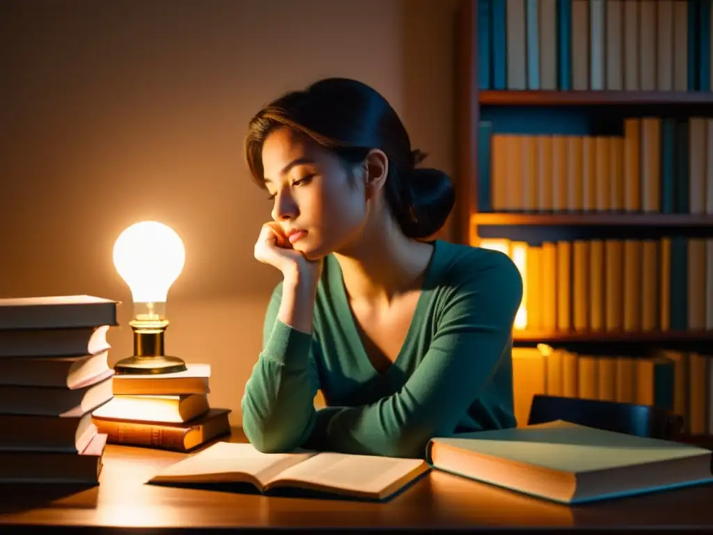 Joven mujer reflexiva en su escritorio rodeada de libros, iluminada por una lámpara, pensando en la representación de la mujer en literatura