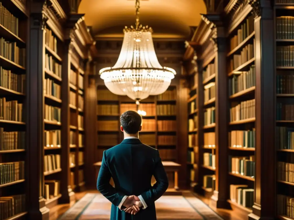 Un joven en un opulento biblioteca renacentista, inmerso en el humanismo en el drama renacentista Hamlet, con libros antiguos y detalles detallados