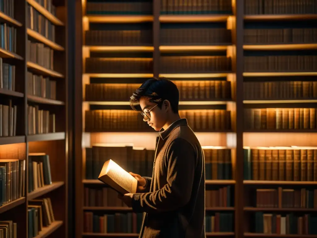 Joven protagonista lee en biblioteca tenue, rodeado de libros antiguos