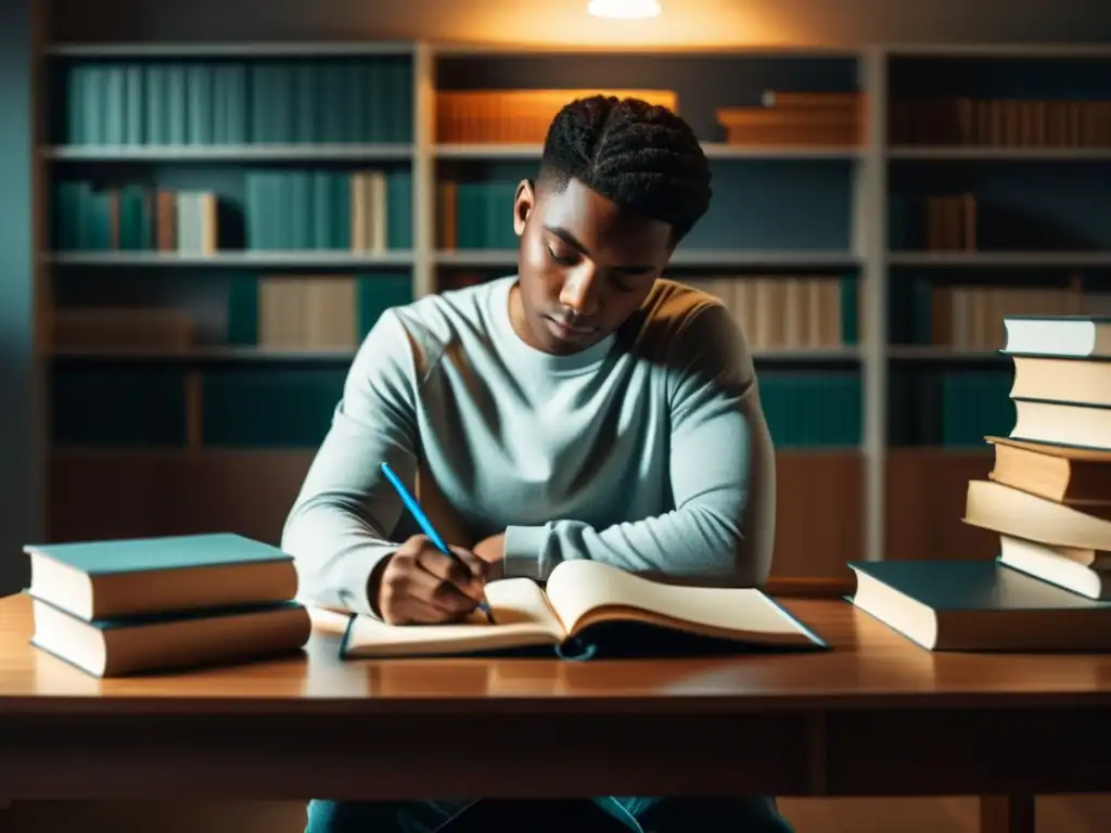 Joven reflexivo escribiendo en un cuaderno, rodeado de libros y una laptop