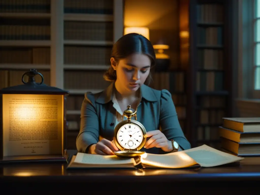 Una joven rodeada de libros antiguos sostiene un reloj de bolsillo vintage, evocando usos del flashback en narrativa