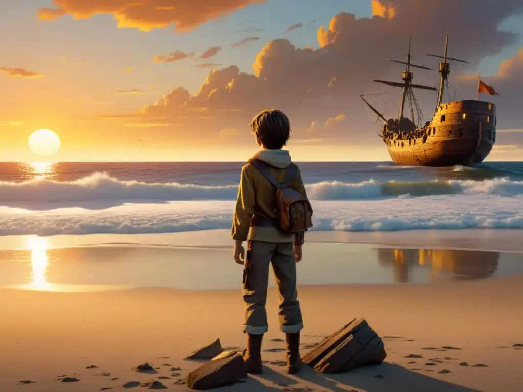 Un joven Jim Hawkins contempla el vasto océano al atardecer en una playa desierta, con una mezcla de asombro y aprensión