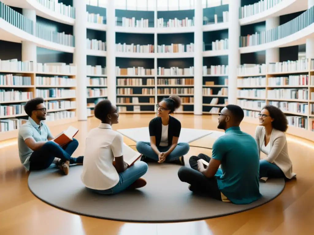 Jóvenes académicos debaten en biblioteca moderna, rodeados de libros, expresando ideas