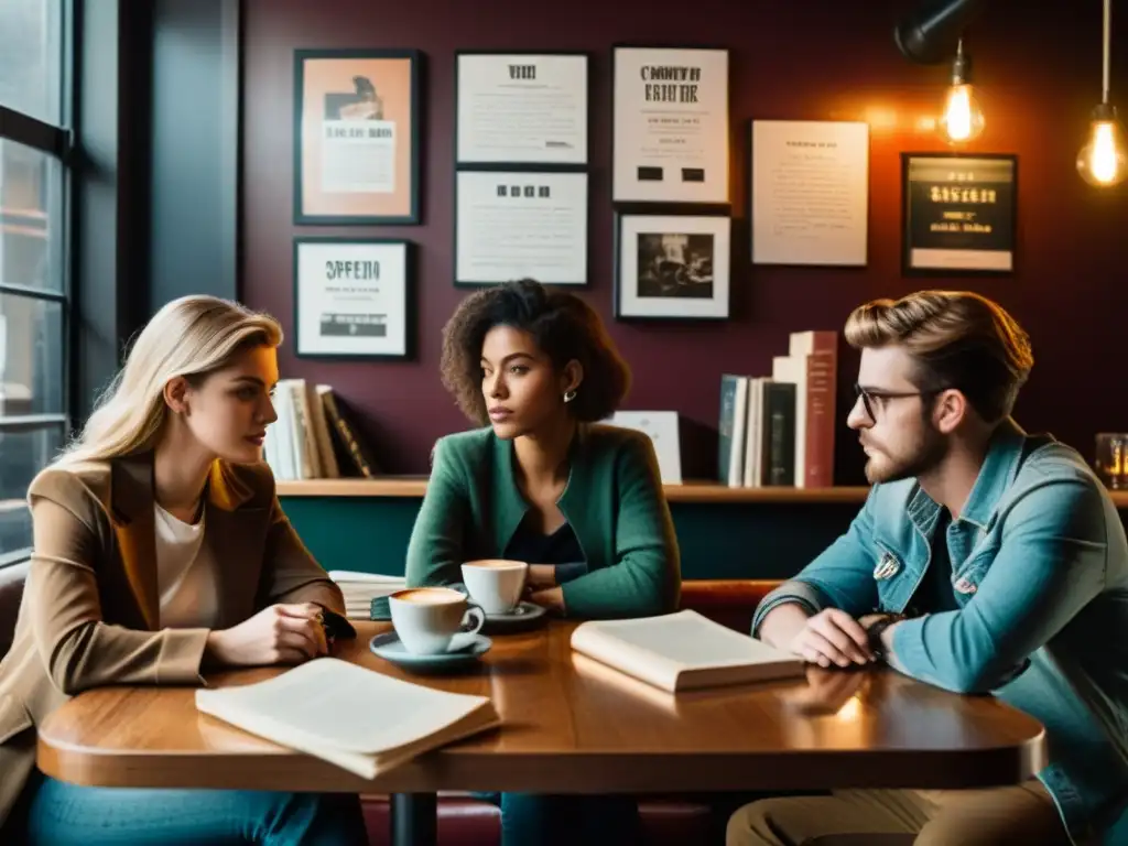 Jóvenes escritores debaten apasionadamente en un café, rodeados de libros y papeles, en un ambiente creativo y rebelde