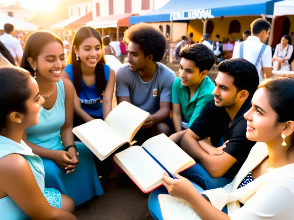 Jóvenes escritores de diferentes culturas discuten técnicas literarias en la Feria Internacional del Libro de Trípoli al atardecer