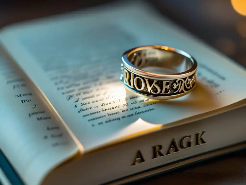 Una joya literaria para amantes de libros: anillo plateado con encanto de libro, sobre un libro abierto con detalles elegantes y una luz suave