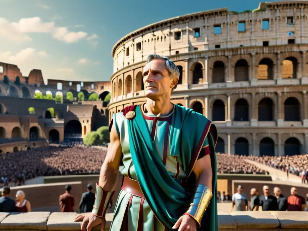 Julio César triunfante en el Coliseo romano, rodeado de admiradores en una escena de poder y ambición en la antigua Roma