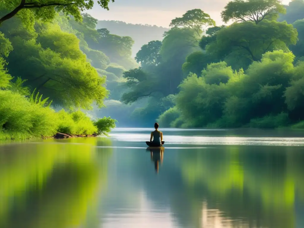 Meditación junto al río en un entorno sereno y natural, reflejando el misticismo y religión en Siddhartha