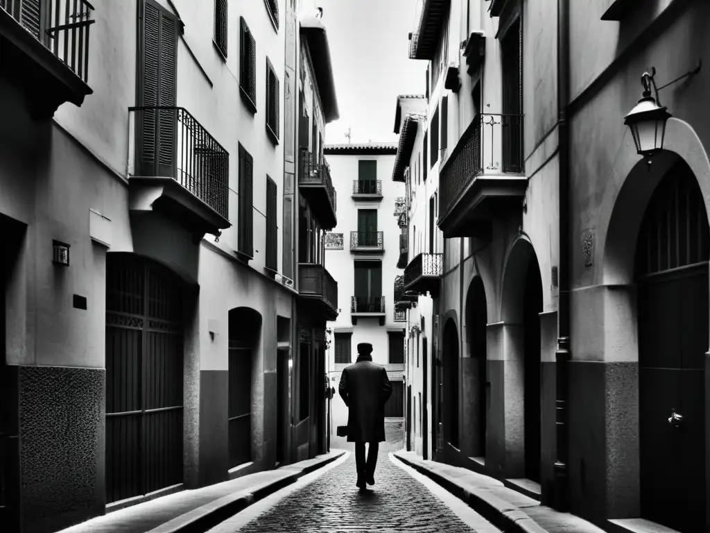 Laberinto de calles en blanco y negro de Barcelona, reflejando la atmósfera misteriosa e intrincada de 'La sombra del viento