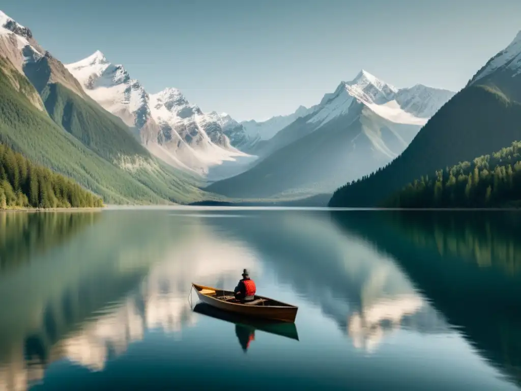 Un lago sereno rodeado de imponentes montañas nevadas, con un pequeño bote a la deriva