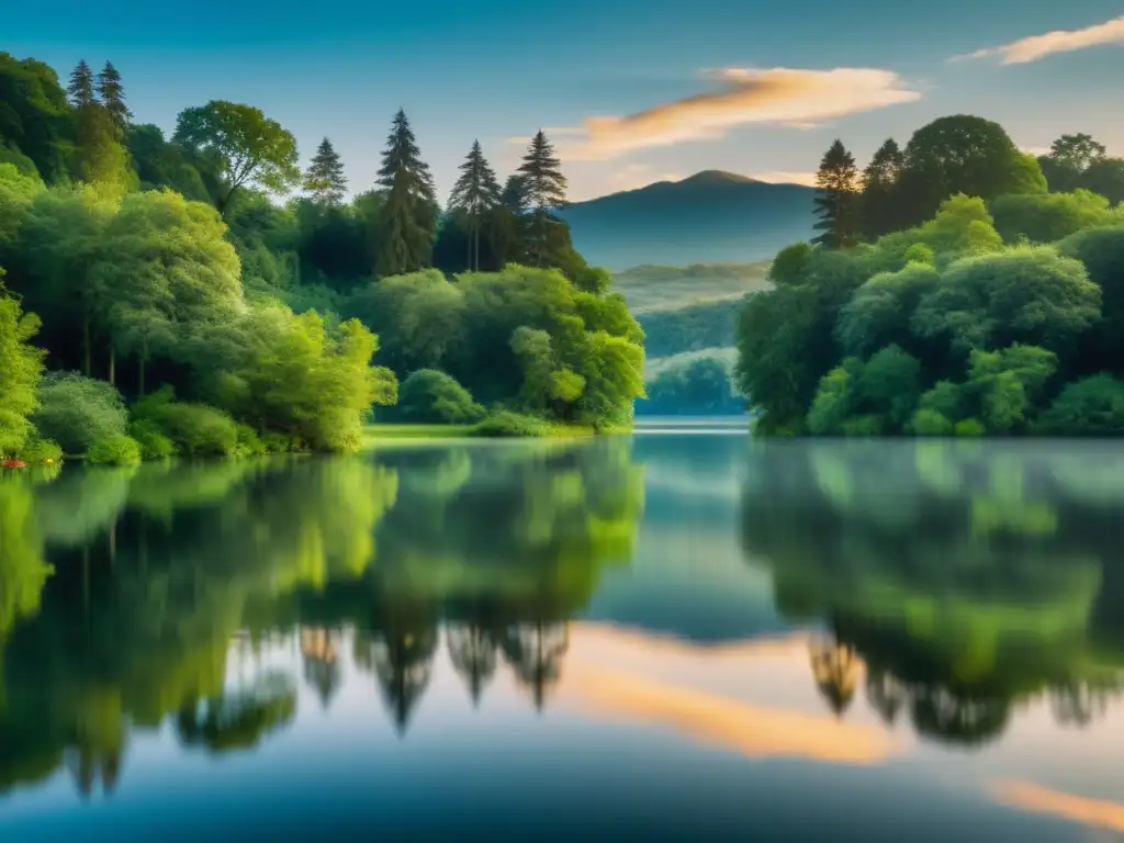 Un lago tranquilo rodeado de vegetación exuberante, reflejando el cielo y los árboles en su superficie