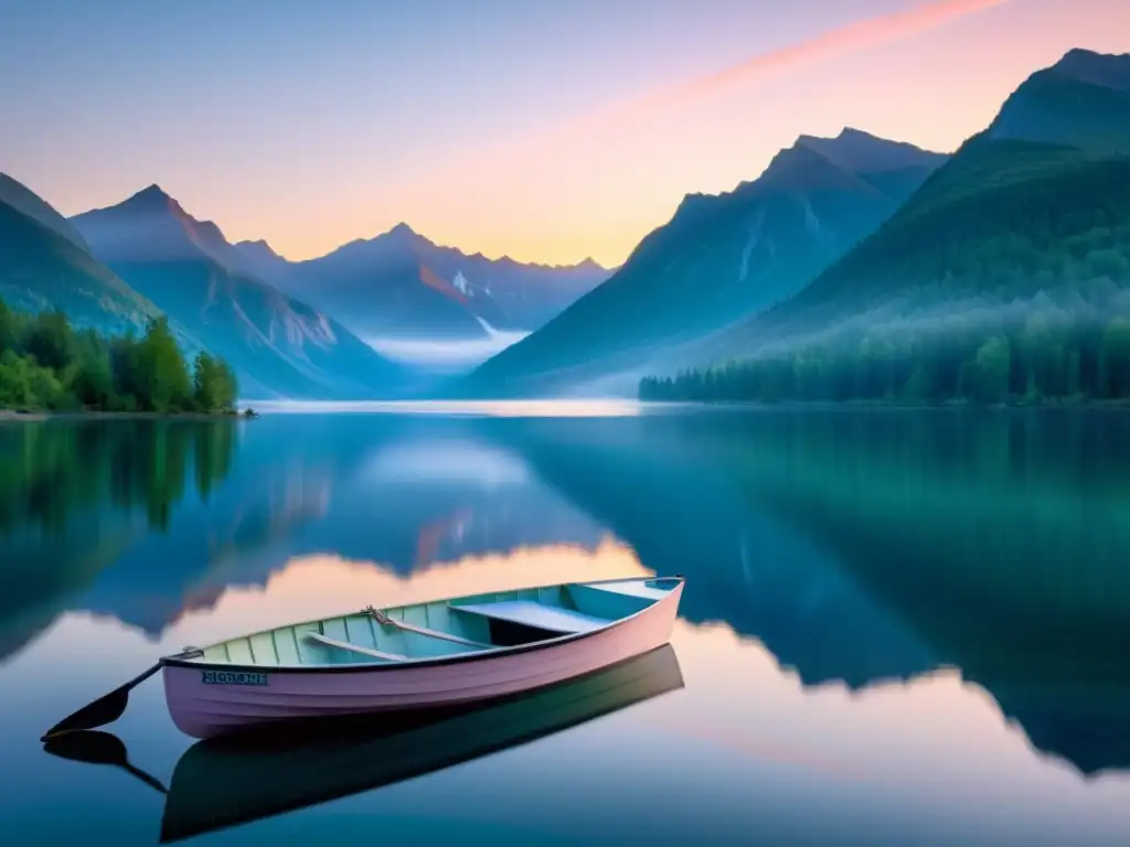 Un lago tranquilo rodeado de montañas cubiertas de neblina al amanecer