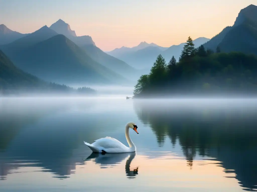 Un lago tranquilo rodeado de montañas neblinosas al atardecer, reflejando un cisne