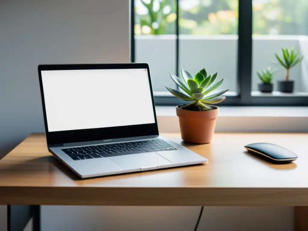 Una laptop moderna en un escritorio minimalista con luz natural