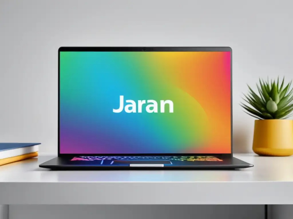 Una laptop moderna muestra una portada vibrante en un entorno profesional, ideal para estrategias de autopublicar en Amazon KDP