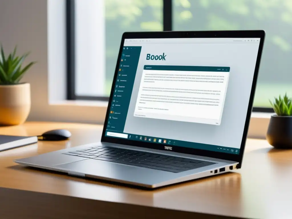 Una laptop moderna muestra software esencial para autoeditores de libros digitales en un ambiente profesional y acogedor, con iluminación natural