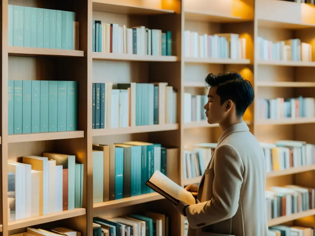 Un lector examina con atención los libros en una librería, envuelto en luz suave