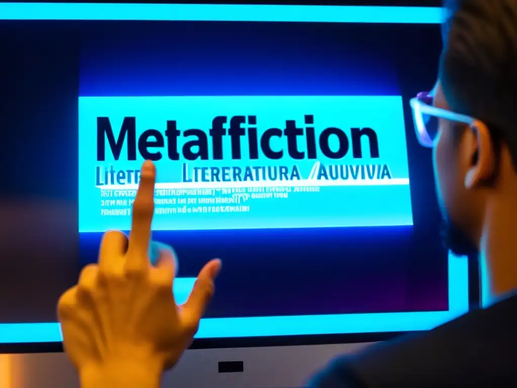 Un lector concentrado en un libro digital de 'Metaficción literatura autorreflexiva', reflejado en la pantalla del ordenador