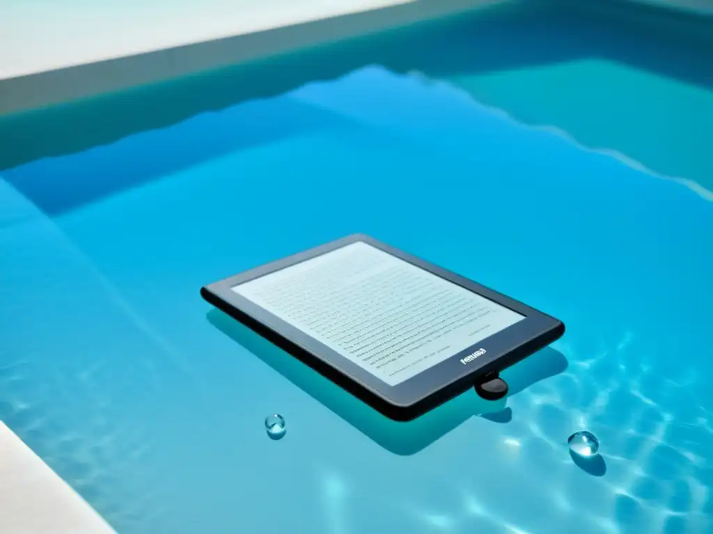 Un lector digital a prueba de agua descansa en el borde de una piscina cristalina, con gotas de agua brillando en su diseño minimalista