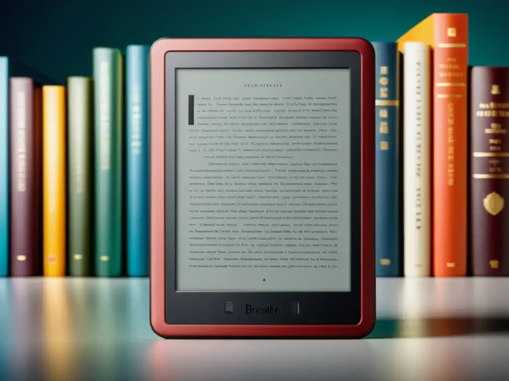 Un lector electrónico muestra coloridas portadas de ebooks gratuitos literatura clásica en una estética minimalista y profesional