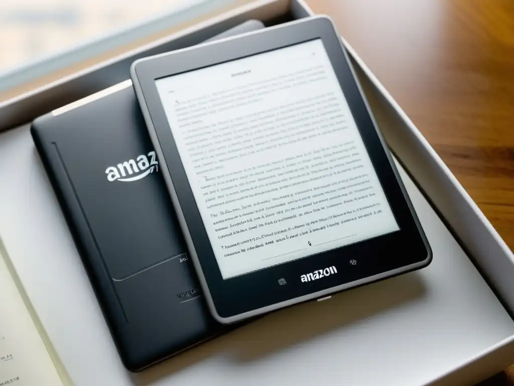 Un lector electrónico muestra diversos formatos de ebooks en una elegante y minimalista mesa