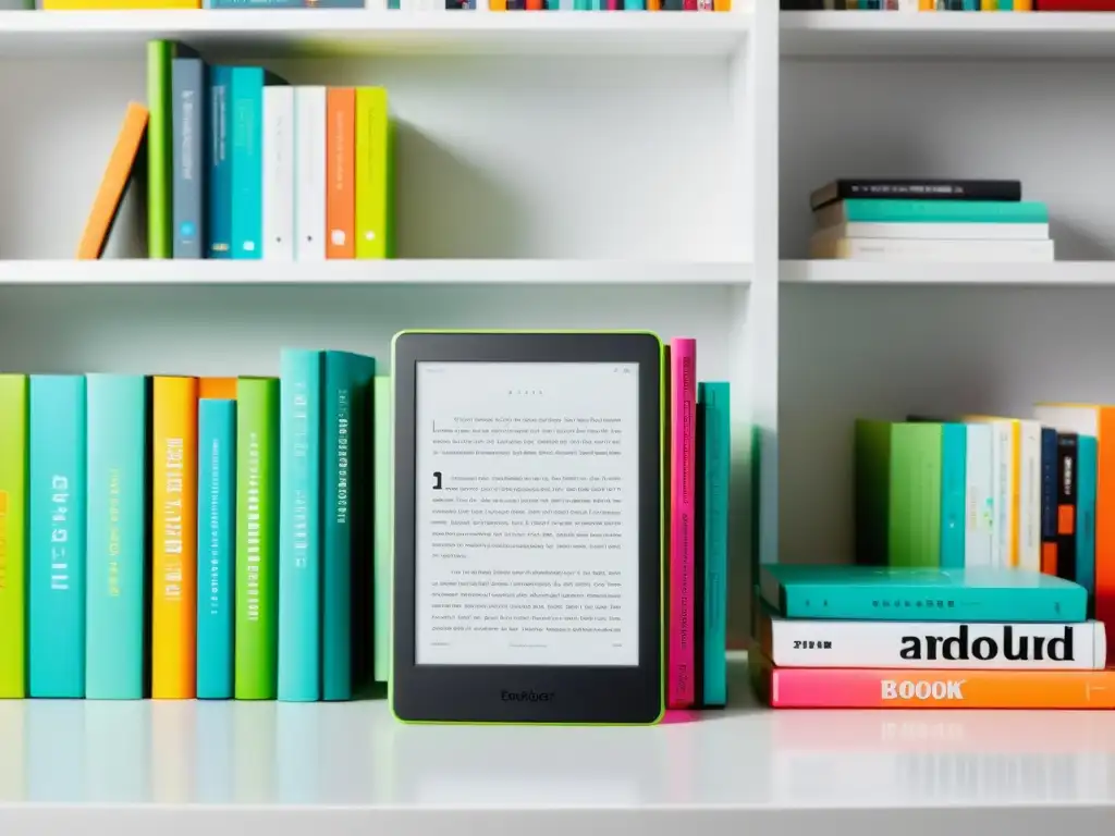 Un lector electrónico moderno junto a ebooks juveniles recomendados 2021 sobre un escritorio blanco, con colores vibrantes y diseño minimalista