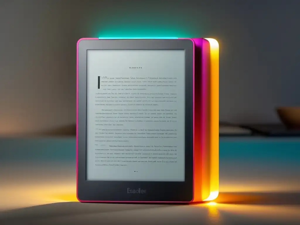 Un lector electrónico moderno muestra un libro digital con impactante arte de portada, iluminado por luz suave