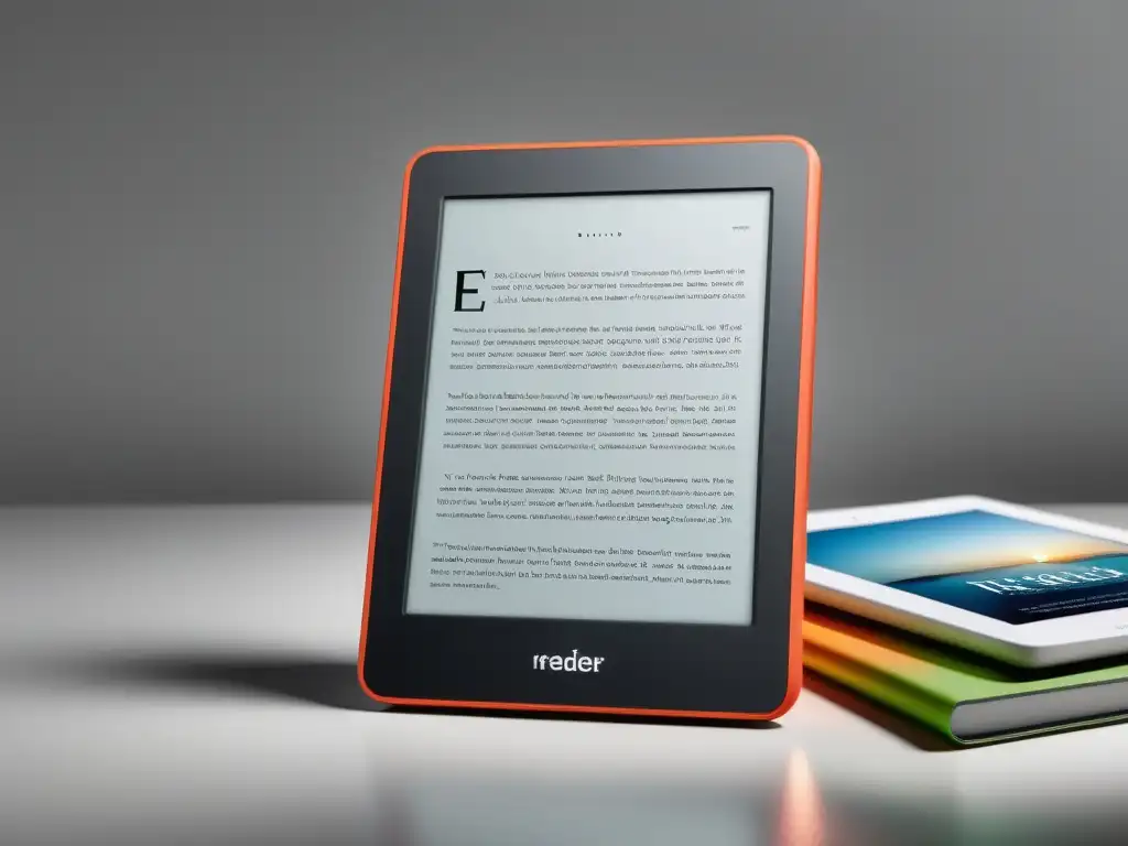 Un lector electrónico moderno muestra una narrativa digital hipervínculos ebooks en una mesa blanca, con luz natural y ambiente minimalista