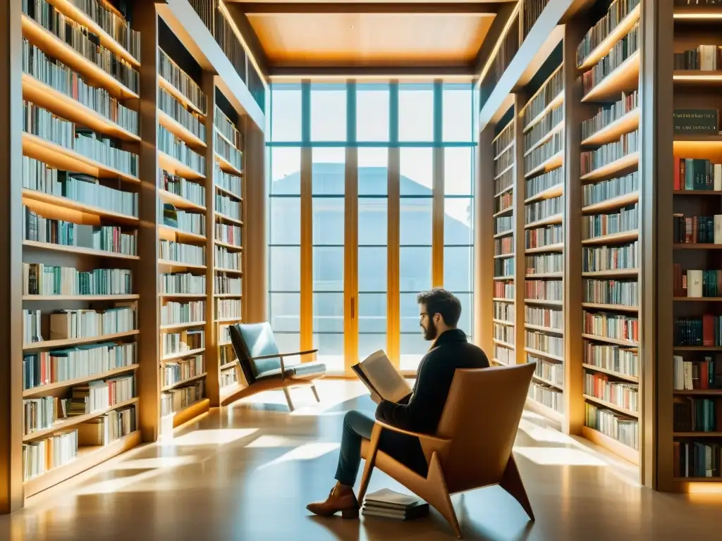 Un lector inmerso en un ambiente de biblioteca moderna, con libros que simbolizan la coexistencia de formas renacentistas en literatura actual