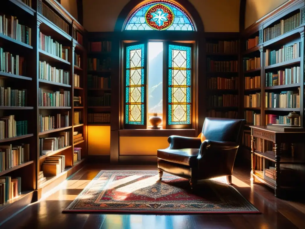 Un lector se sumerge en un libro en una biblioteca iluminada, rodeado de libros antiguos y muebles de madera