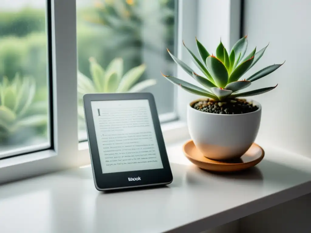 Un lector de libros electrónicos moderno en un escritorio blanco, con luz natural