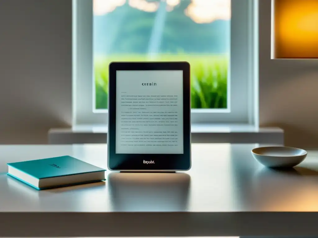 Un lector de libros electrónicos moderno y elegante en una mesa blanca, con luz natural suave