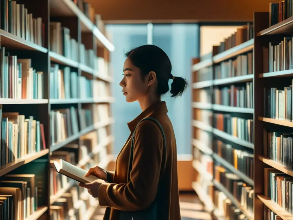 Un lector examina detenidamente los libros en una librería, con una expresión reflexiva