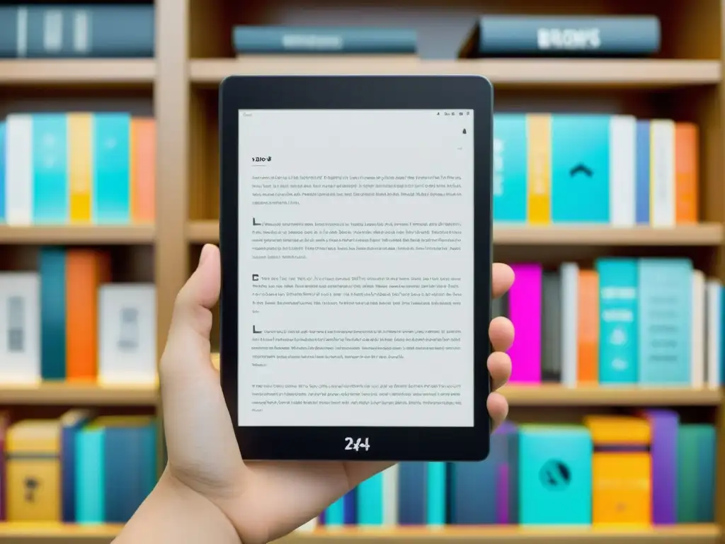 Un lector sostiene una tablet con la app 24Symbols, mostrando una librería digital