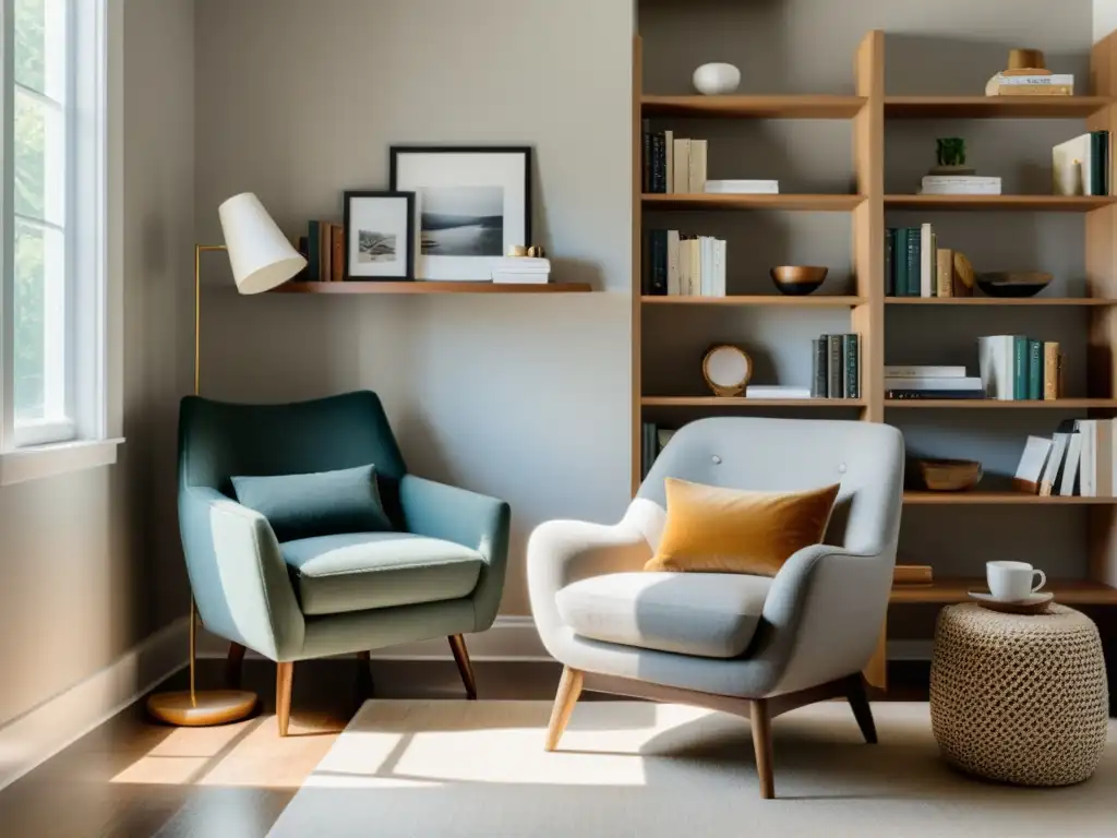 Un rincón de lectura acogedor bañado en luz natural, con una silla cómoda, estantería de libros, y una taza de café humeante