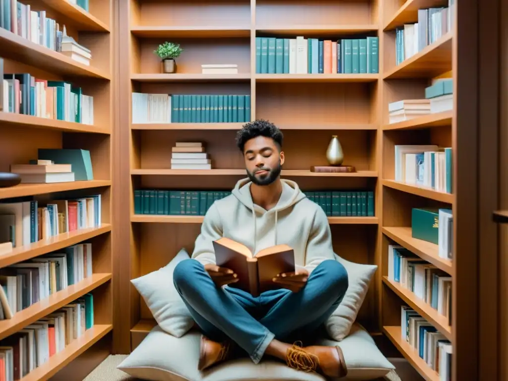 Un rincón de lectura acogedor, iluminado, con estantes repletos de libros