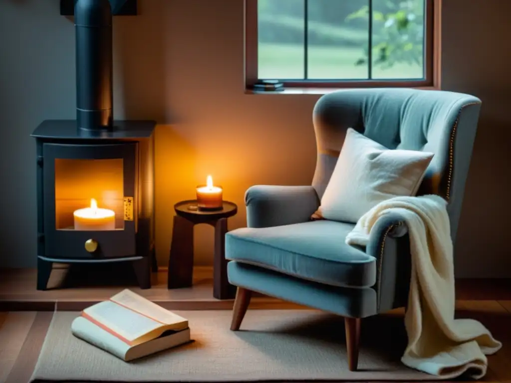 Un rincón de lectura acogedor con una silla y manta suave, una mesa con vela aromática y libros