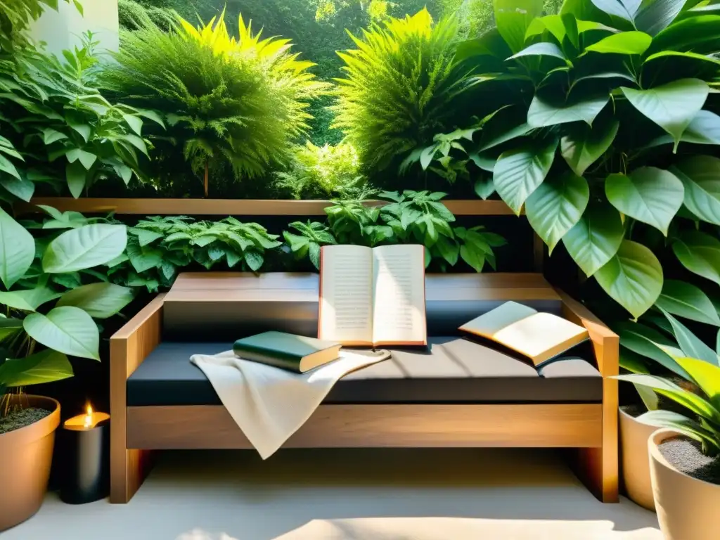 Rincón de lectura al aire libre con decoración exterior inspirada en la literatura: banco negro, estantería de madera y mantita acogedora entre la vegetación