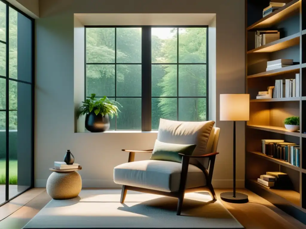 Un rincón de lectura elegante con decoración minimalista y vista a un exuberante jardín