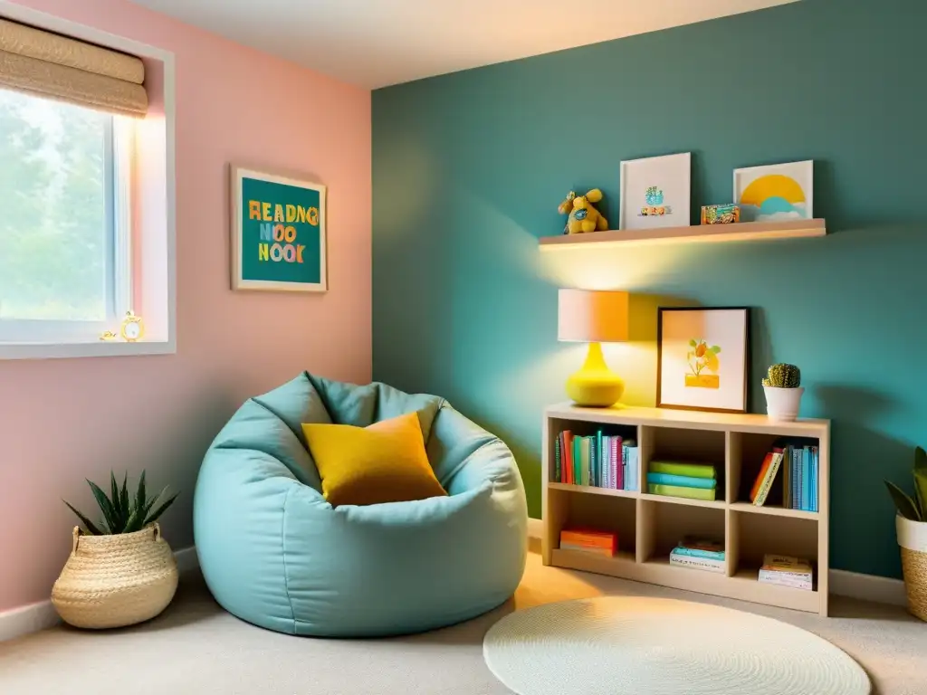 Fomentando la lectura en niños: Acogedor rincón de lectura infantil con libros coloridos, una cómoda silla y suave iluminación