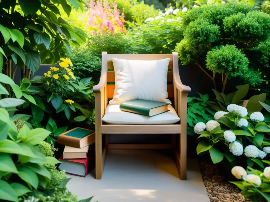 Un rincón de lectura tranquilo en el jardín, decoración exterior inspirada en la literatura